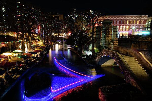 "Christmas Lights and Light Trails by the Riverwalk" Prints and Products