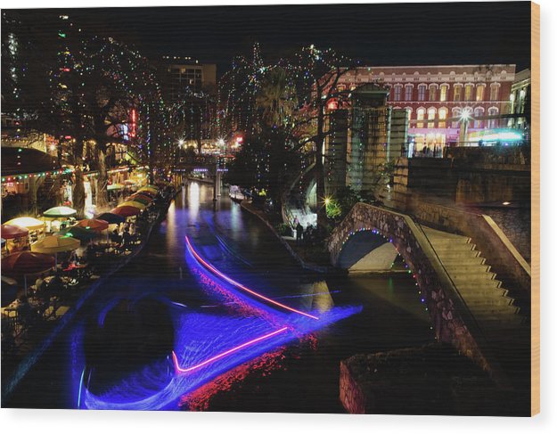 Christmas Lights and Light Trails by the Riverwalk - Wood Print
