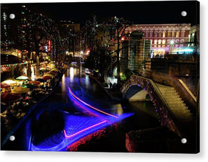 Christmas Lights and Light Trails by the Riverwalk - Acrylic Print