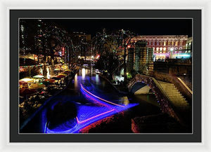 Christmas Lights and Light Trails by the Riverwalk - Framed Print