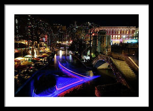 Christmas Lights and Light Trails by the Riverwalk - Framed Print