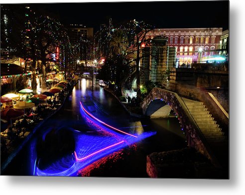 Christmas Lights and Light Trails by the Riverwalk - Metal Print