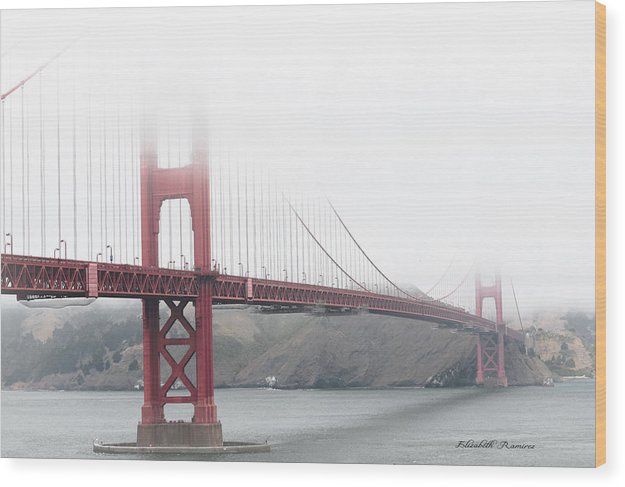 Foggy Day at the Golden Gate Bridge Red with Black and White - Wood Print