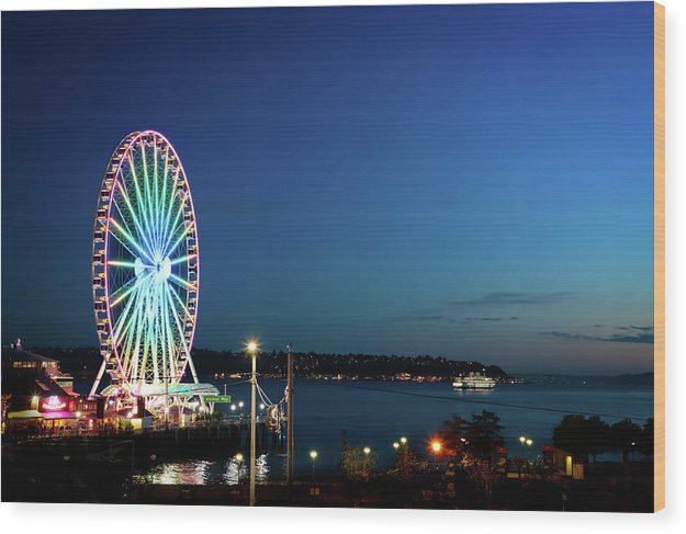 Seattle by the Sea Ferris Wheel  - Wood Print